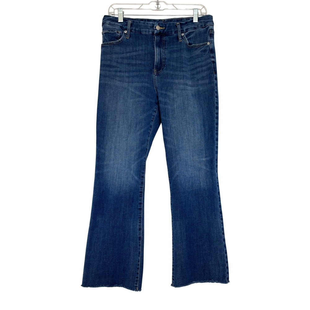 Express Cropped Flare High Rise Jeans Medium Wash Raw Hem Size 31x26